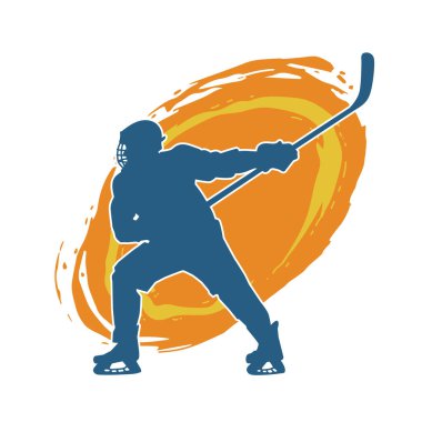 Erkek kış hokeyi atletinin silueti iş başında. Buz hokeyi oynayan bir adamın silueti..