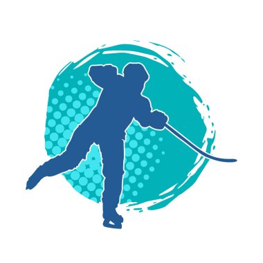 Kış hokeyi oynayan kadın bir oyuncunun silueti. Kar hokeyi oynayan bir kadının silueti..