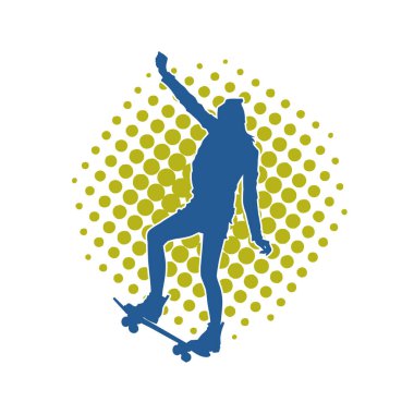 Hareket halindeki bir kadın silueti kaykay üzerinde poz veriyor. Kaykaylı şehirli bir kızın silueti..