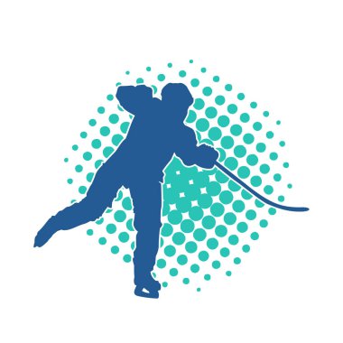 Kış hokeyi oynayan kadın bir oyuncunun silueti. Kar hokeyi oynayan bir kadının silueti..