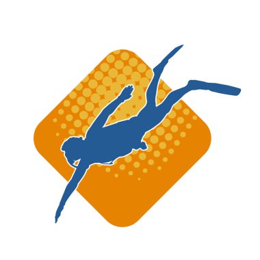 Yüzen bir erkek dalgıcın silueti su altında poz veriyor. Hareket halindeki bir adamın silueti dalış sporu yapıyor..