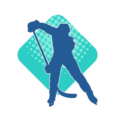Kış hokeyi oynayan kadın bir oyuncunun silueti. Kar hokeyi oynayan bir kadının silueti..