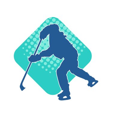 Kış hokeyi oynayan kadın bir oyuncunun silueti. Kar hokeyi oynayan bir kadının silueti..