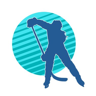 Kış hokeyi oynayan kadın bir oyuncunun silueti. Kar hokeyi oynayan bir kadının silueti..