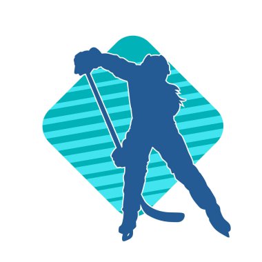 Kış hokeyi oynayan kadın bir oyuncunun silueti. Kar hokeyi oynayan bir kadının silueti..