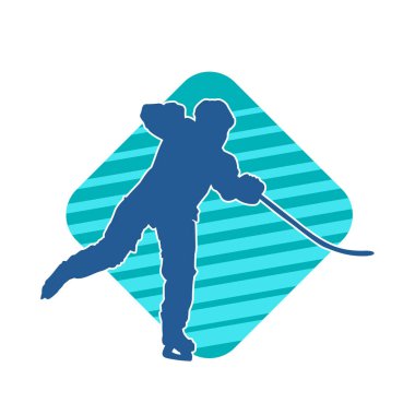 Kış hokeyi oynayan kadın bir oyuncunun silueti. Kar hokeyi oynayan bir kadının silueti..