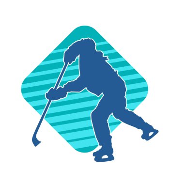 Kış hokeyi oynayan kadın bir oyuncunun silueti. Kar hokeyi oynayan bir kadının silueti..