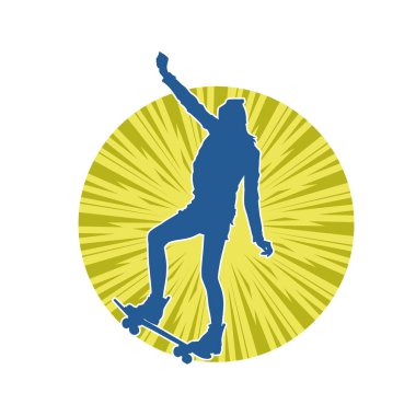 Hareket halindeki bir kadın silueti kaykay üzerinde poz veriyor. Kaykaylı şehirli bir kızın silueti..