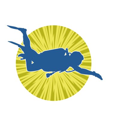 Yüzen bir erkek dalgıcın silueti su altında poz veriyor. Hareket halindeki bir adamın silueti dalış sporu yapıyor..