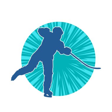 Kış hokeyi oynayan kadın bir oyuncunun silueti. Kar hokeyi oynayan bir kadının silueti..