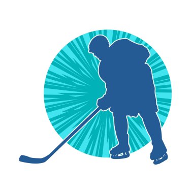 Kış hokeyi oynayan kadın bir oyuncunun silueti. Kar hokeyi oynayan bir kadının silueti..