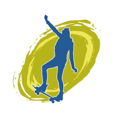 Hareket halindeki bir kadın silueti kaykay üzerinde poz veriyor. Kaykaylı şehirli bir kızın silueti..