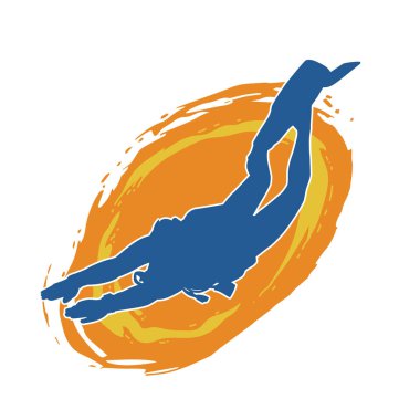 Yüzen bir erkek dalgıcın silueti su altında poz veriyor. Hareket halindeki bir adamın silueti dalış sporu yapıyor..