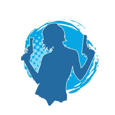 Kadın dövüşçü silueti. Tabanca ya da tabanca taşıyor..