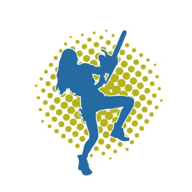 Çalışan bir kadın işçinin silueti elektrikli testereyle poz veriyor. Çalışan kostümü giyen ve elektrikli testere taşıyan bir kadının silüeti.