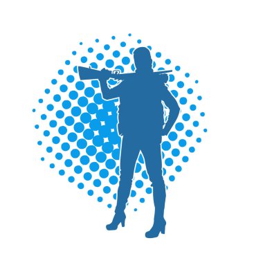 Kadın bir savaşçının silueti, tüfekle poz veriyor. Uzun namlulu ateşli silah taşıyan bir kadın avcının silueti.