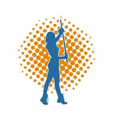 Bir kadın dövüşçünün silueti kılıç taşırken poz veriyor..