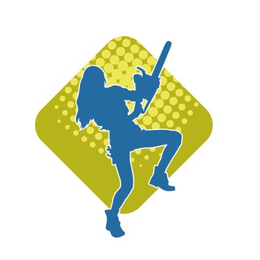 Çalışan bir kadın işçinin silueti elektrikli testereyle poz veriyor. Çalışan kostümü giyen ve elektrikli testere taşıyan bir kadının silüeti.