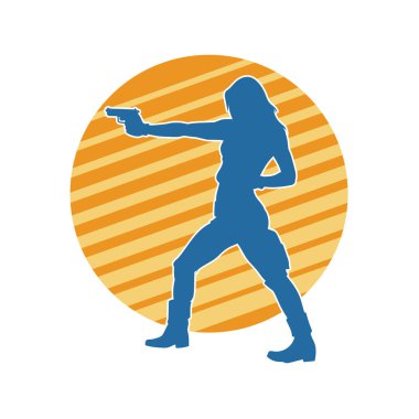 Kadın dövüşçü silueti. Tabanca ya da tabanca taşıyor..