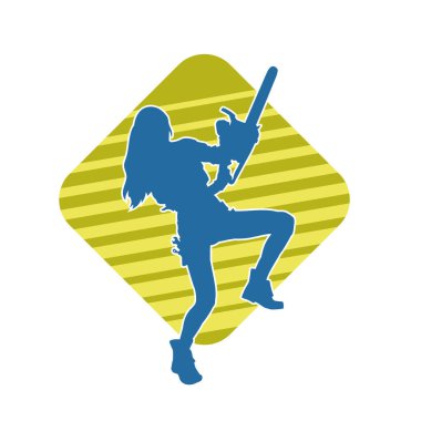 Çalışan bir kadın işçinin silueti elektrikli testereyle poz veriyor. Çalışan kostümü giyen ve elektrikli testere taşıyan bir kadının silüeti.