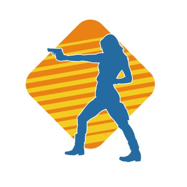 Kadın dövüşçü silueti. Tabanca ya da tabanca taşıyor..