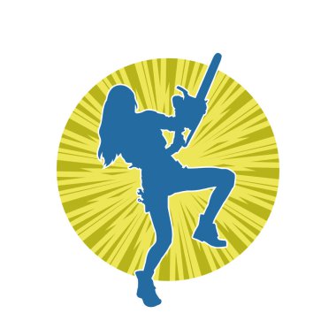 Çalışan bir kadın işçinin silueti elektrikli testereyle poz veriyor. Çalışan kostümü giyen ve elektrikli testere taşıyan bir kadının silüeti.