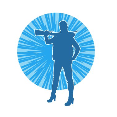 Kadın bir savaşçının silueti, tüfekle poz veriyor. Uzun namlulu ateşli silah taşıyan bir kadın avcının silueti.