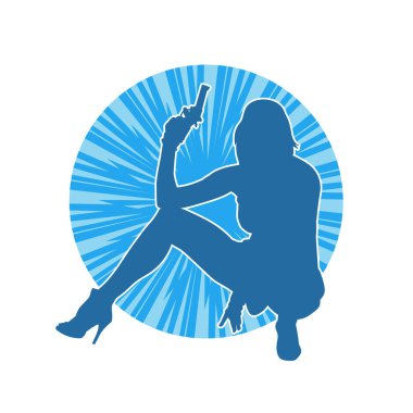 Kadın dövüşçü silueti. Tabanca ya da tabanca taşıyor..