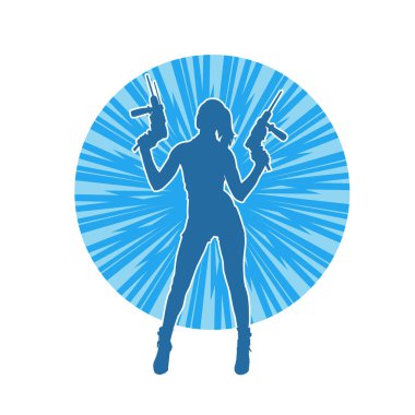 Matkap aletleri taşıyan inşaat işçisi kostümlü bir kadın silueti. İnşaat işçisi kadın silueti elektrikli matkapla poz veriyor.. 