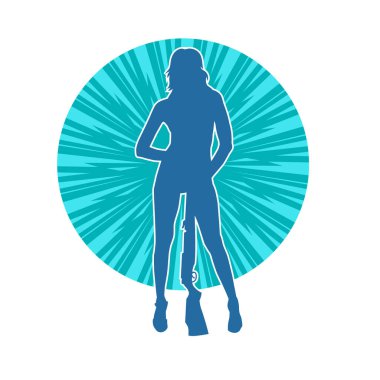 Kadın bir savaşçının silueti, tüfekle poz veriyor. Uzun namlulu ateşli silah taşıyan bir kadın avcının silueti.