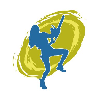 Çalışan bir kadın işçinin silueti elektrikli testereyle poz veriyor. Çalışan kostümü giyen ve elektrikli testere taşıyan bir kadının silüeti.