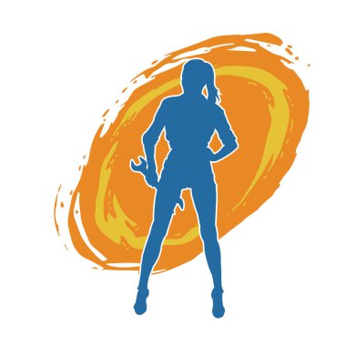 İngiliz anahtarı taşıyan zayıf bir kadının silueti. İngiliz anahtarı taşıyan bir kadın işçinin silueti..