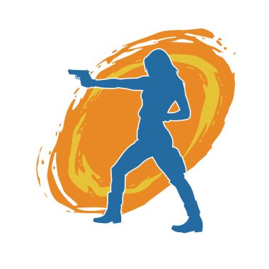 Kadın dövüşçü silueti. Tabanca ya da tabanca taşıyor..