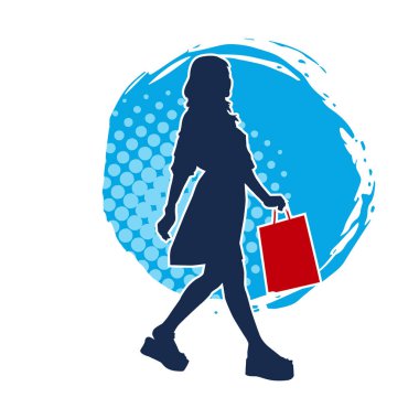 Sıska, genç bir kadının silüeti. Elinde alışveriş torbaları var. Modaya uygun bir kadın müşterinin silueti..