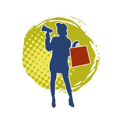 Sıska bir kadının silueti alışveriş çantası taşıyor ve megafonla bağırıyor. Kadın bir reklam spikerinin silueti.. 