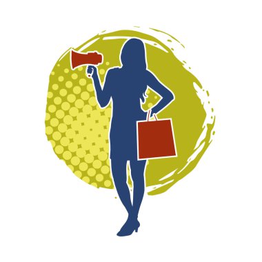 Sıska bir kadının silueti alışveriş çantası taşıyor ve megafonla bağırıyor. Kadın bir reklam spikerinin silueti.. 