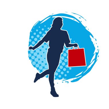 Sıska, genç bir kadının silüeti. Elinde alışveriş torbaları var. Modaya uygun bir kadın müşterinin silueti..