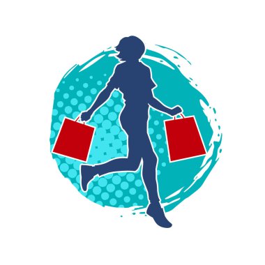 Sıska, genç bir kadının silüeti. Elinde alışveriş torbaları var. Modaya uygun bir kadın müşterinin silueti..