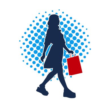 Sıska, genç bir kadının silüeti. Elinde alışveriş torbaları var. Modaya uygun bir kadın müşterinin silueti..