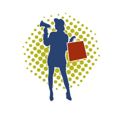 Sıska bir kadının silueti alışveriş çantası taşıyor ve megafonla bağırıyor. Kadın bir reklam spikerinin silueti.. 