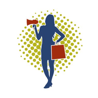 Sıska bir kadının silueti alışveriş çantası taşıyor ve megafonla bağırıyor. Kadın bir reklam spikerinin silueti.. 