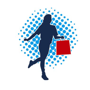 Sıska, genç bir kadının silüeti. Elinde alışveriş torbaları var. Modaya uygun bir kadın müşterinin silueti..