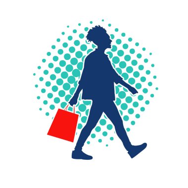 Sıska, genç bir kadının silüeti. Elinde alışveriş torbaları var. Modaya uygun bir kadın müşterinin silueti..