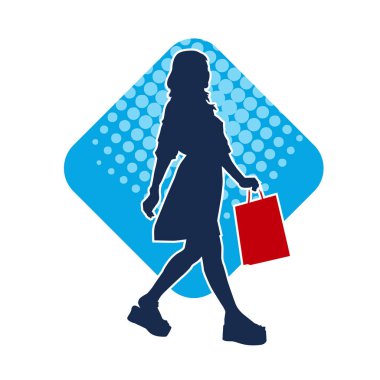 Sıska, genç bir kadının silüeti. Elinde alışveriş torbaları var. Modaya uygun bir kadın müşterinin silueti..