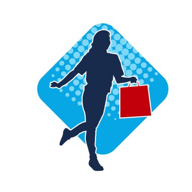 Sıska, genç bir kadının silüeti. Elinde alışveriş torbaları var. Modaya uygun bir kadın müşterinin silueti..