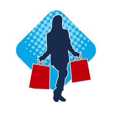 Sıska, genç bir kadının silüeti. Elinde alışveriş torbaları var. Modaya uygun bir kadın müşterinin silueti..