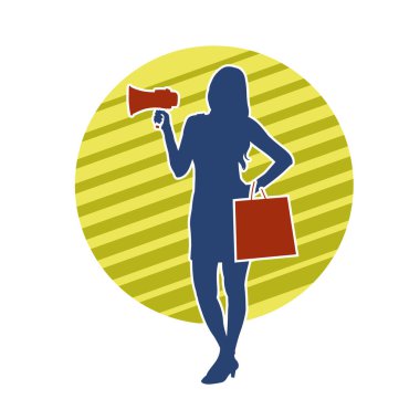 Sıska bir kadının silueti alışveriş çantası taşıyor ve megafonla bağırıyor. Kadın bir reklam spikerinin silueti.. 