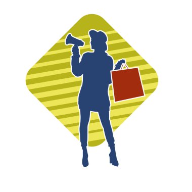 Sıska bir kadının silueti alışveriş çantası taşıyor ve megafonla bağırıyor. Kadın bir reklam spikerinin silueti.. 