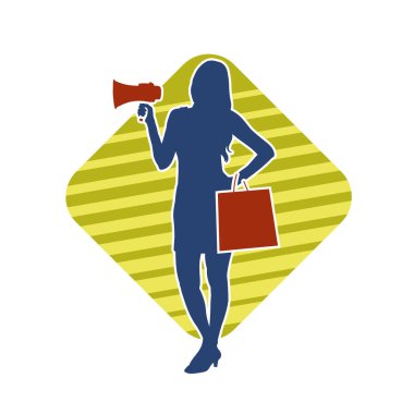 Sıska bir kadının silueti alışveriş çantası taşıyor ve megafonla bağırıyor. Kadın bir reklam spikerinin silueti.. 