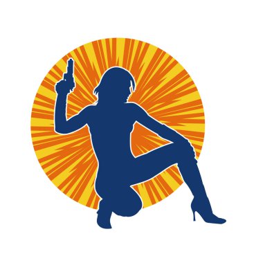 Kadın dövüşçü silueti. Tabanca ya da tabanca taşıyor..